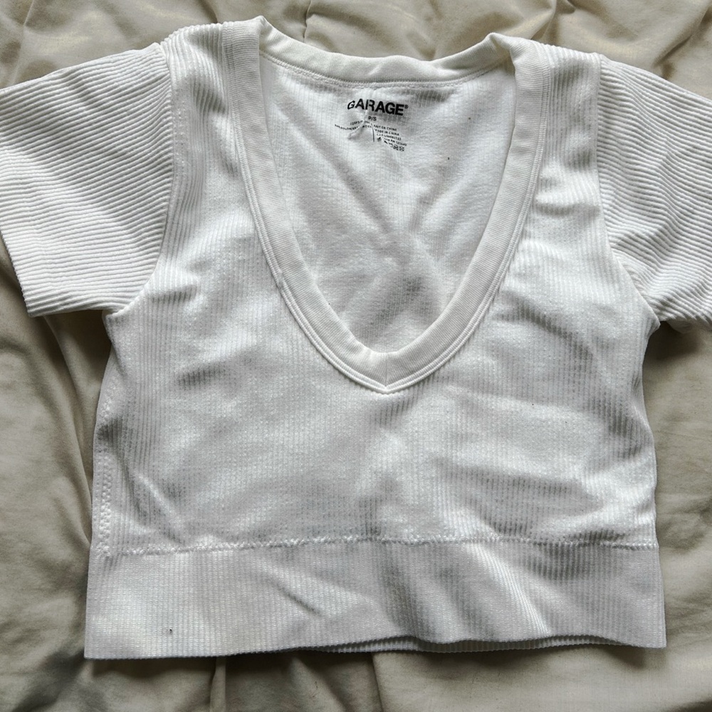 Garage White Ribbed V-Neck Crop Top